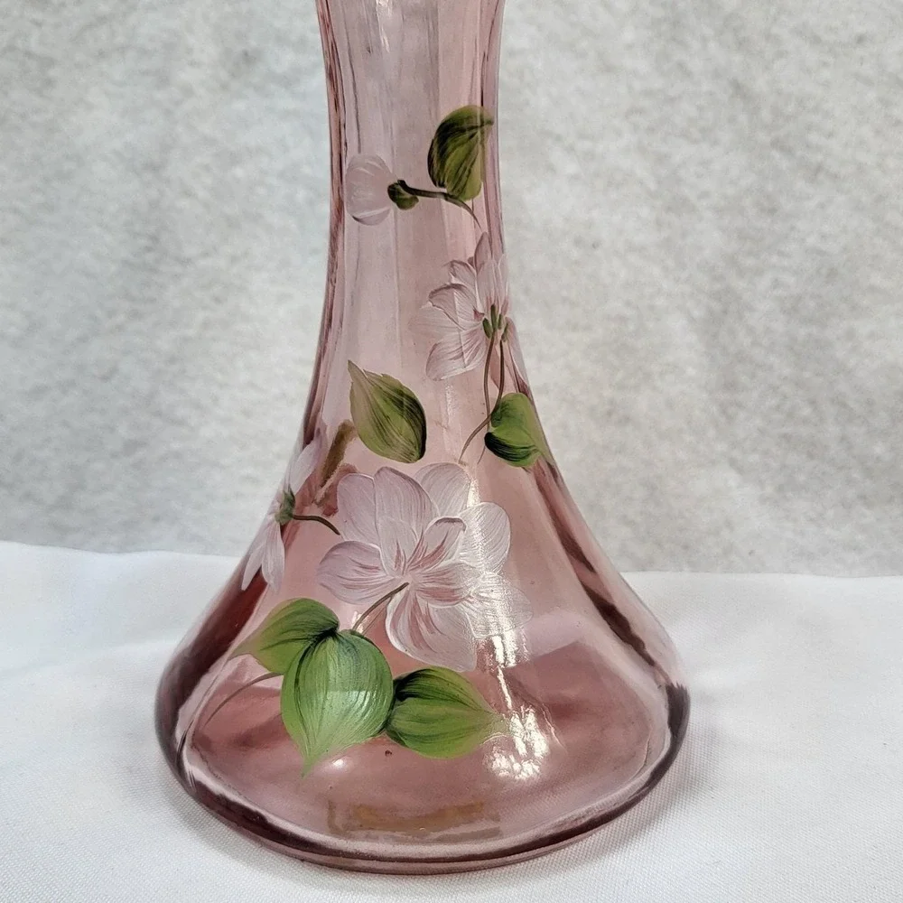 Fenton Pink Glass‎ Hand Painted Floral Ruffled Vase Signed 1991 USA